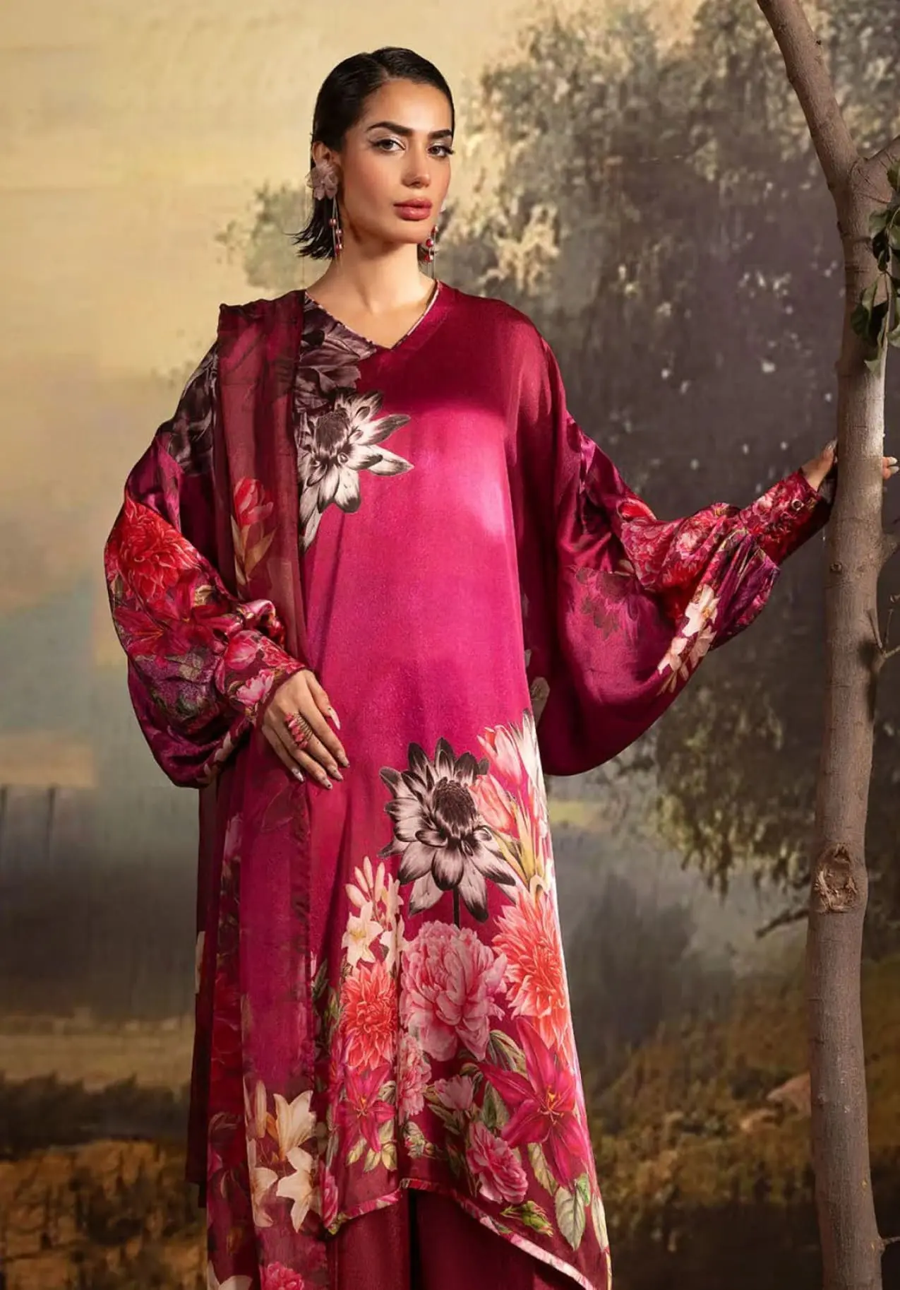 Latest Pakistani Suit Printed Silk Suit with Printed Silk Dupatta Gul Ahmed La Soie S42004